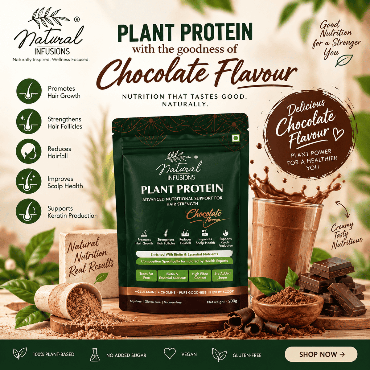 Natural Infusions chocolate plant protein powder for hair health