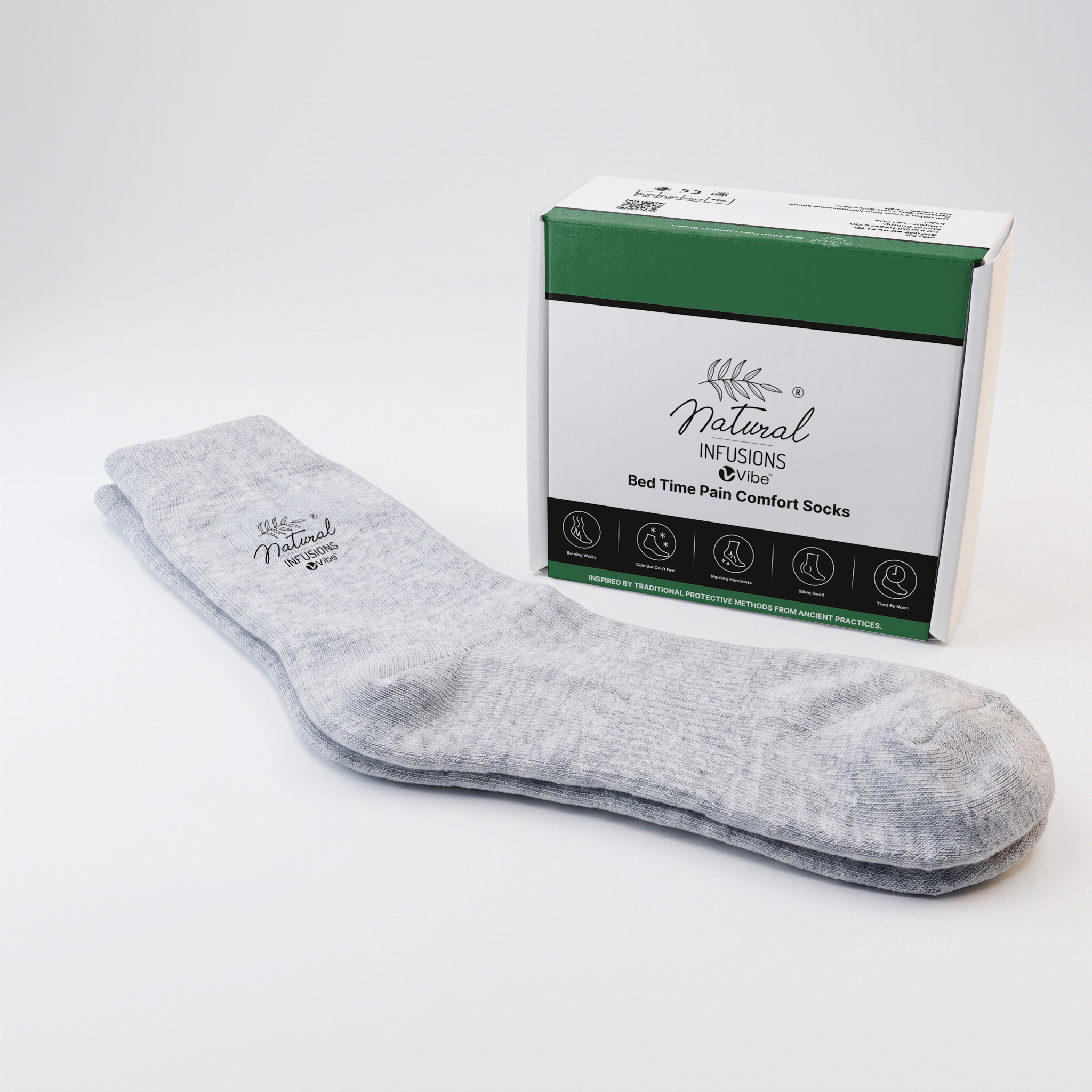 Natural Infusions Vibe Bedtime Pain Comfort Socks | Soft Night Comfort Socks for Men & Women | Comfortable Socks for Rest & Sleep | Grey | 1 Pair